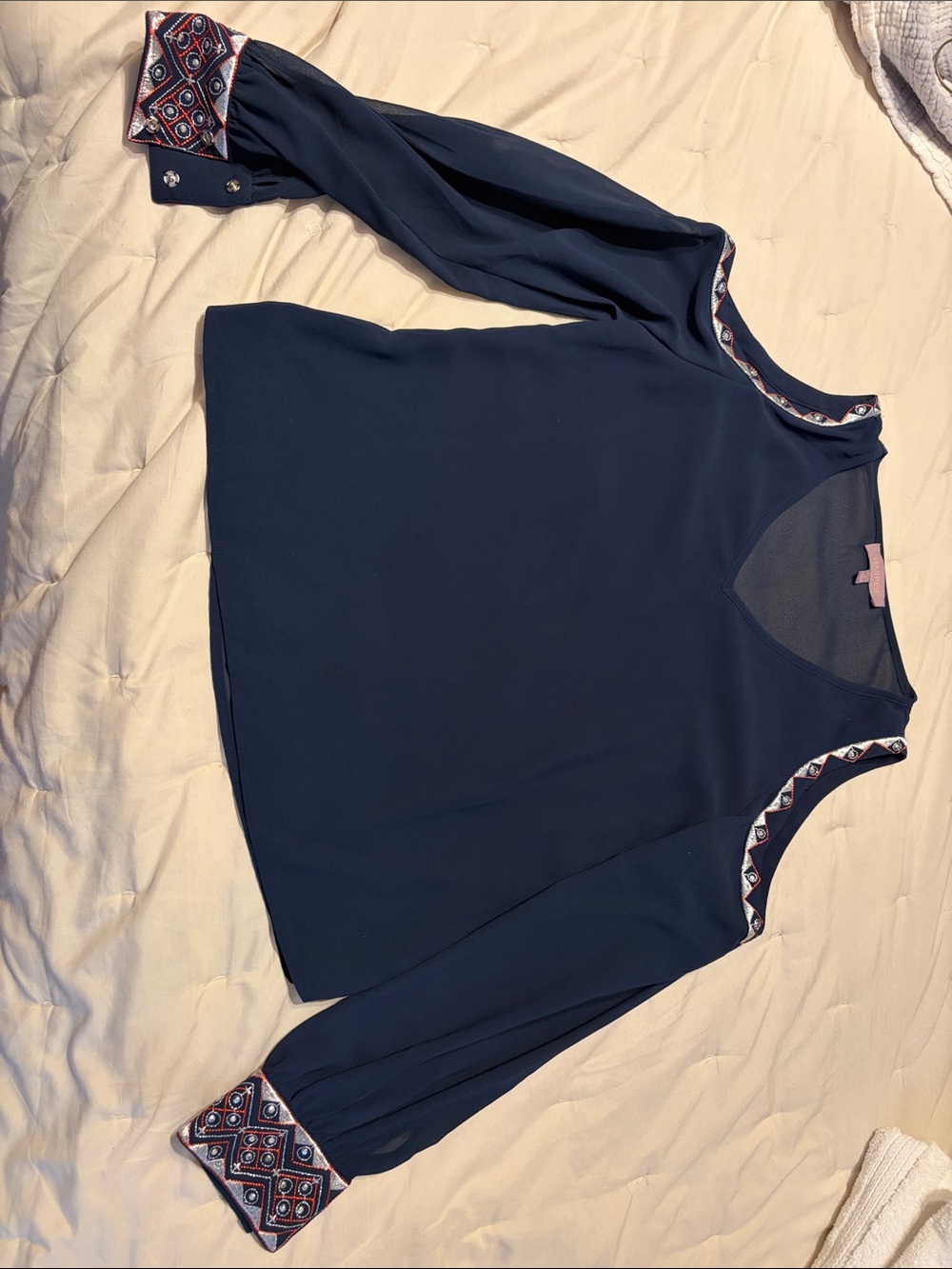 Women’s Navy Long-Sleeve open shoulder Blouse with Embroidered Trim
